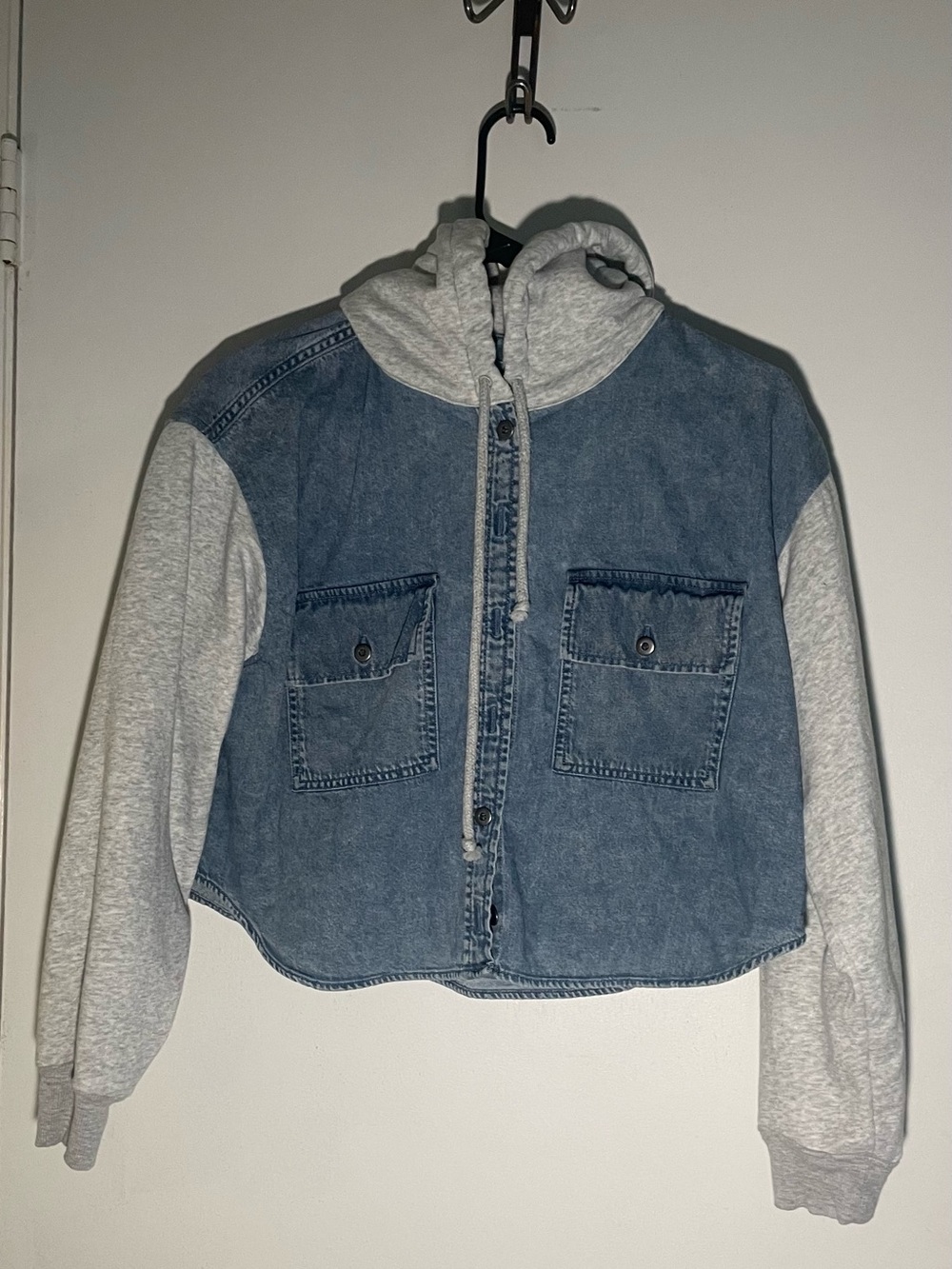 #90b American Eagle Women's Blue/Gray Solid Denim Full Zip Hoodie Pockets M